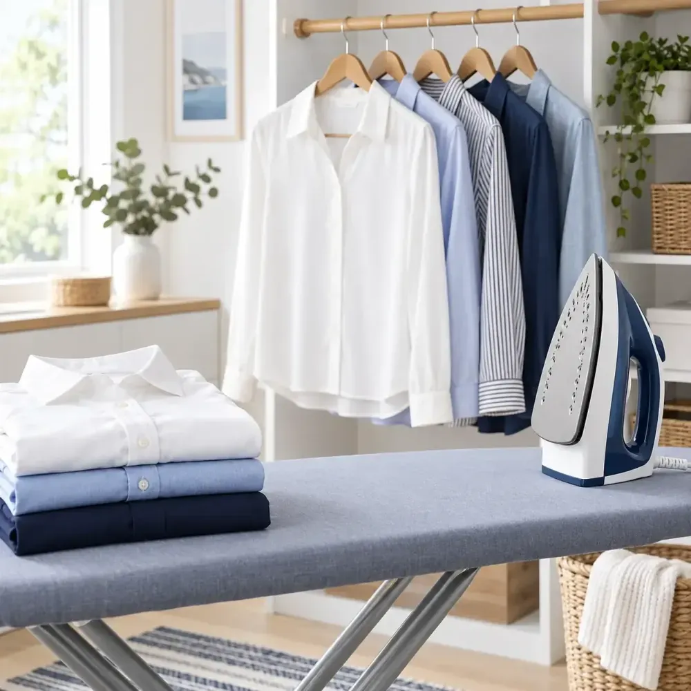 Folded clothing and iron on an ironing board infornt of ironed business shirts