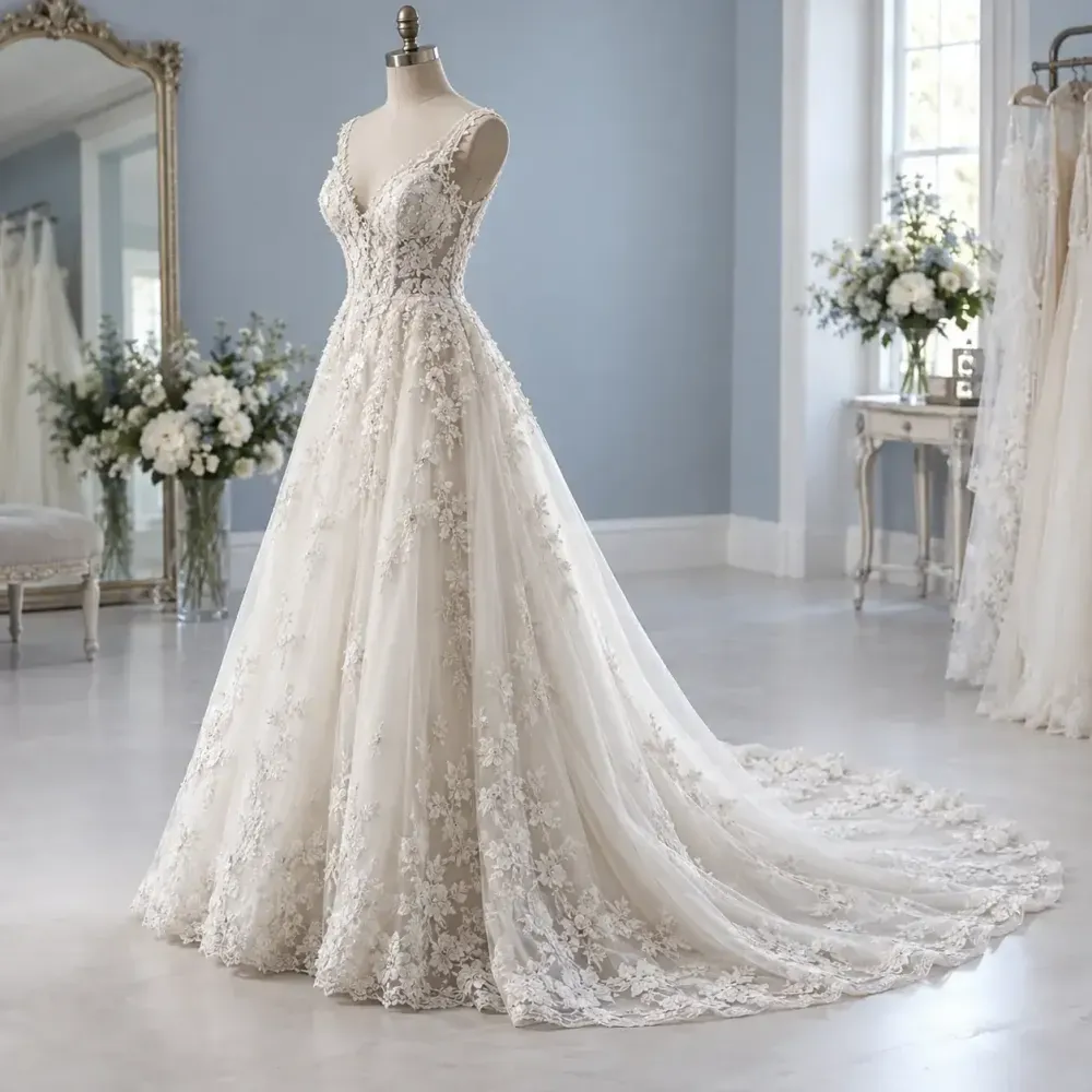 Lace bridal gown with delicate beadwork and a long train displayed on a mannequin.