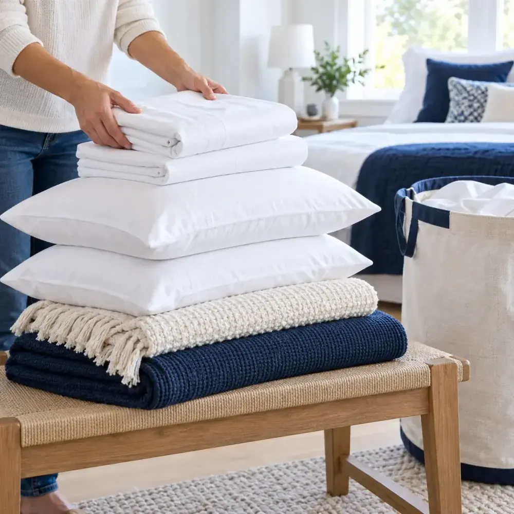 Folded white quilt, sheets and pillowcases