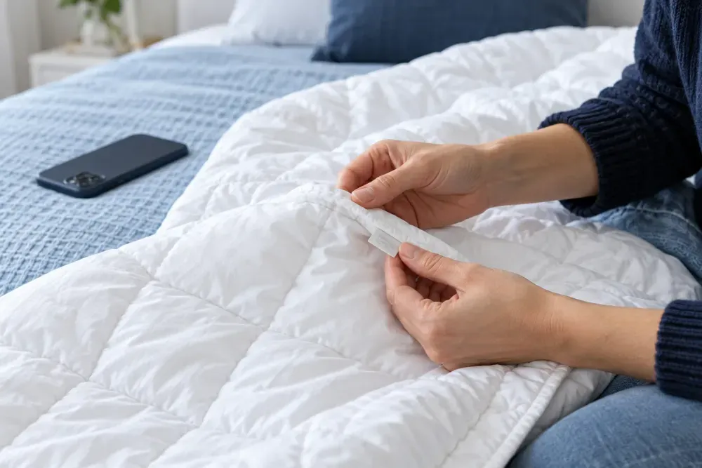 Hands examining the care label and stitched edge of a white doona.