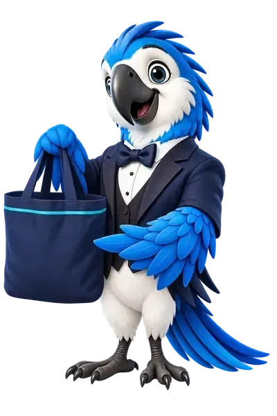 Alfie holding a navy bag with a doona inside