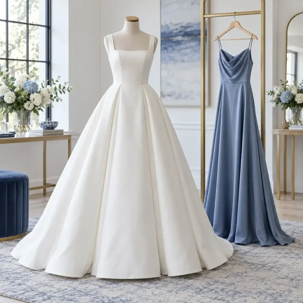 Ivory wedding dress on a mannequin beside a blue formal gown.