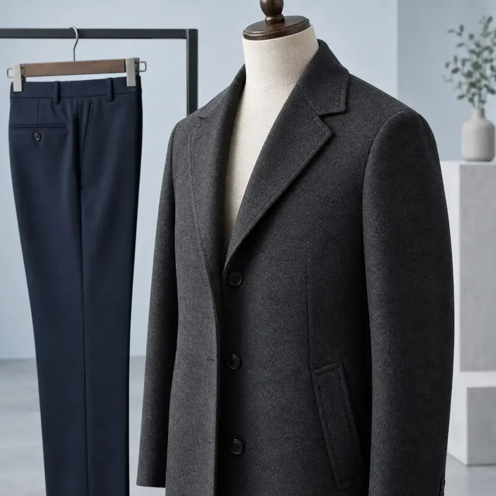 Charcoal tailored coat on a mannequin beside navy trousers.