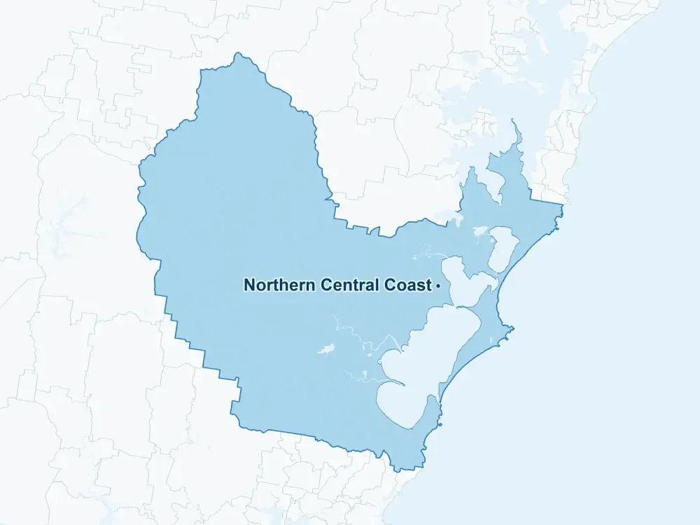 Map highlighting selected suburbs in Northern Central Coast, including Charmhaven, Lake Haven, Gorokan, Budgewoi, with collection subject to address availability.