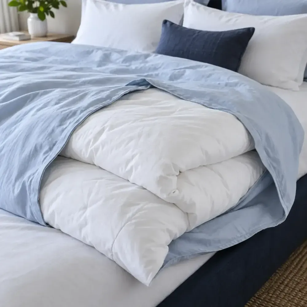 White doona inside an open blue cover