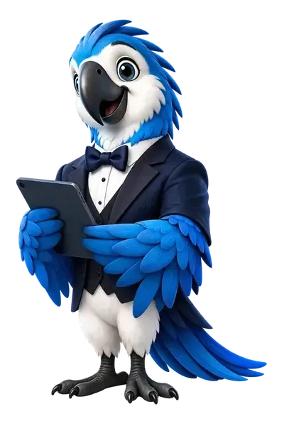 Alfie, the blue macaw mascot, wearing a navy suit and holding a tablet.