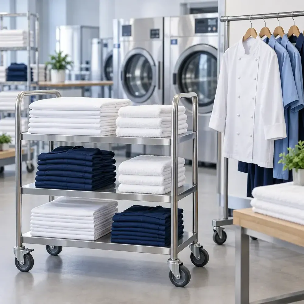 Linen trolley with folded sheets, towels and workwear beside hanging uniforms.