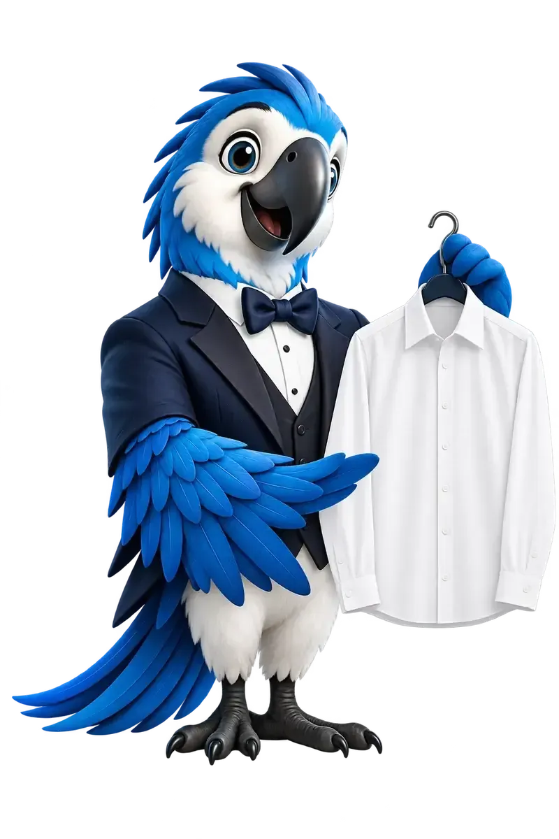 Alfie holding a business shirts with a welcoming wing gesture.