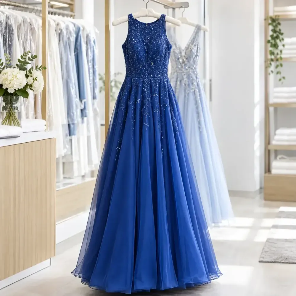 Royal blue sequinned formal dress with a flowing skirt on a padded hanger.