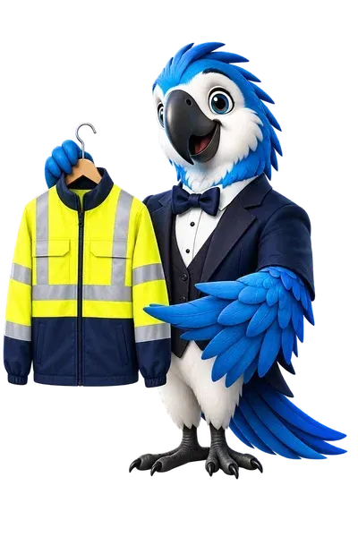 Alfie, our blue parrot ambassador, holding a hi-vis jacket