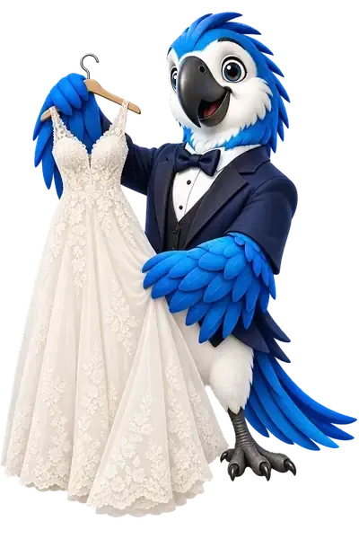 Alfie holding a freshly cleaned wedding dress on a hanger.