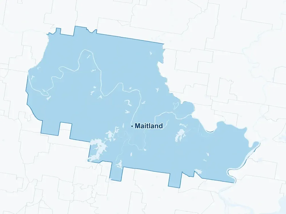 Map highlighting selected suburbs in Maitland & Surrounds, including East Maitland, Maitland, Bolwarra, Thornton, with collection subject to address availability.