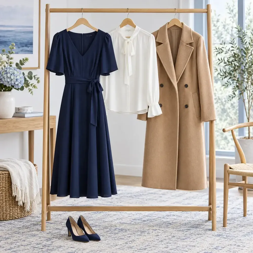 Navy dress, ivory blouse and camel coat hanging on a garment rail.