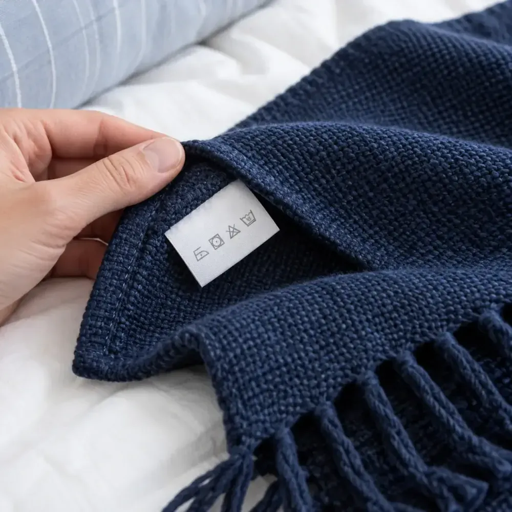 Checking a navy blanket’s label