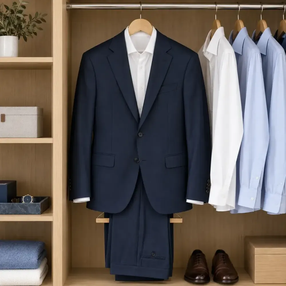 Suits and business shirts hanging in a cupboard