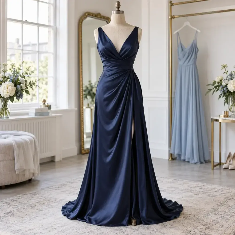 Navy satin evening gown with a draped skirt beside a pale blue bridesmaid dress.