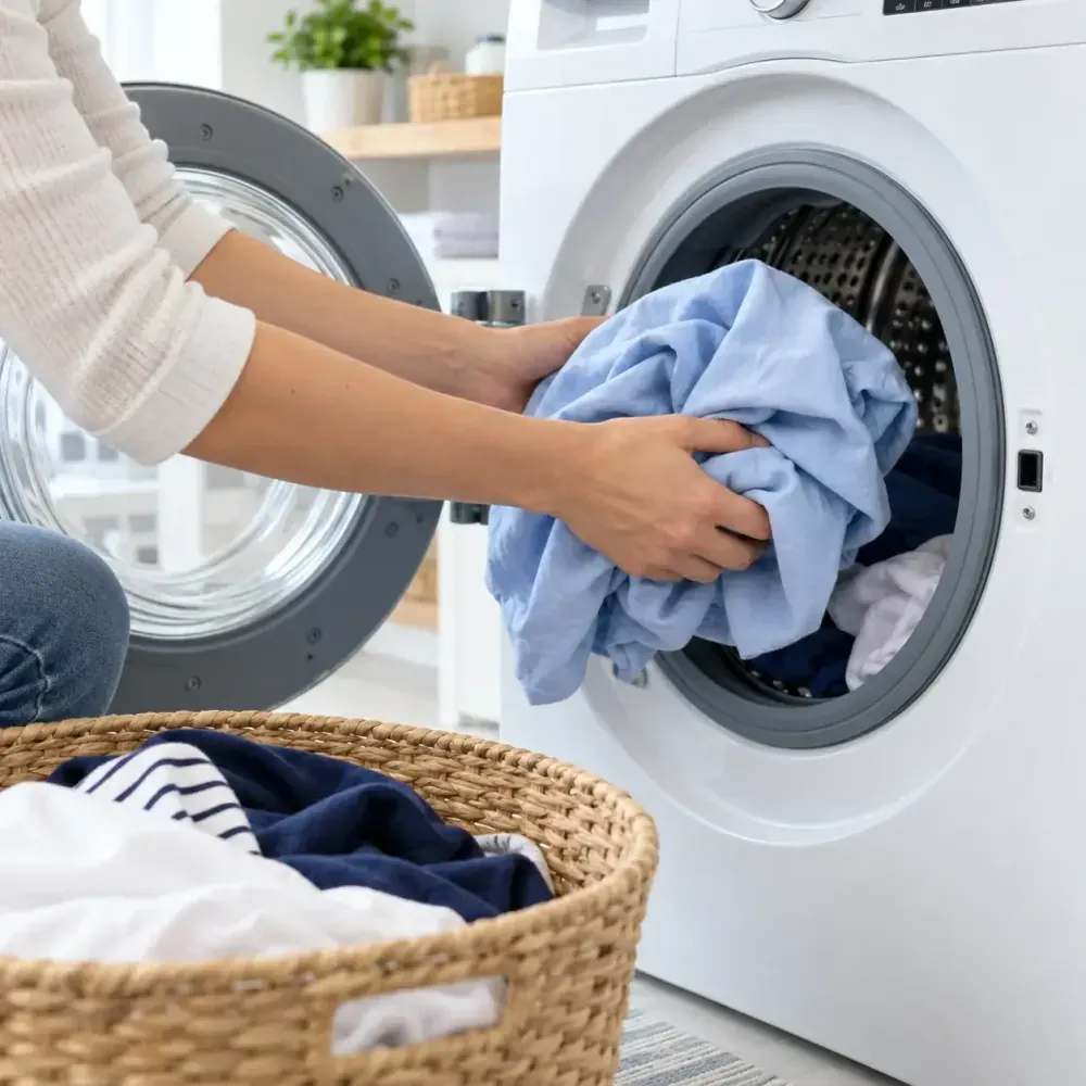 Everyday clothing being loaded into a washing machine.