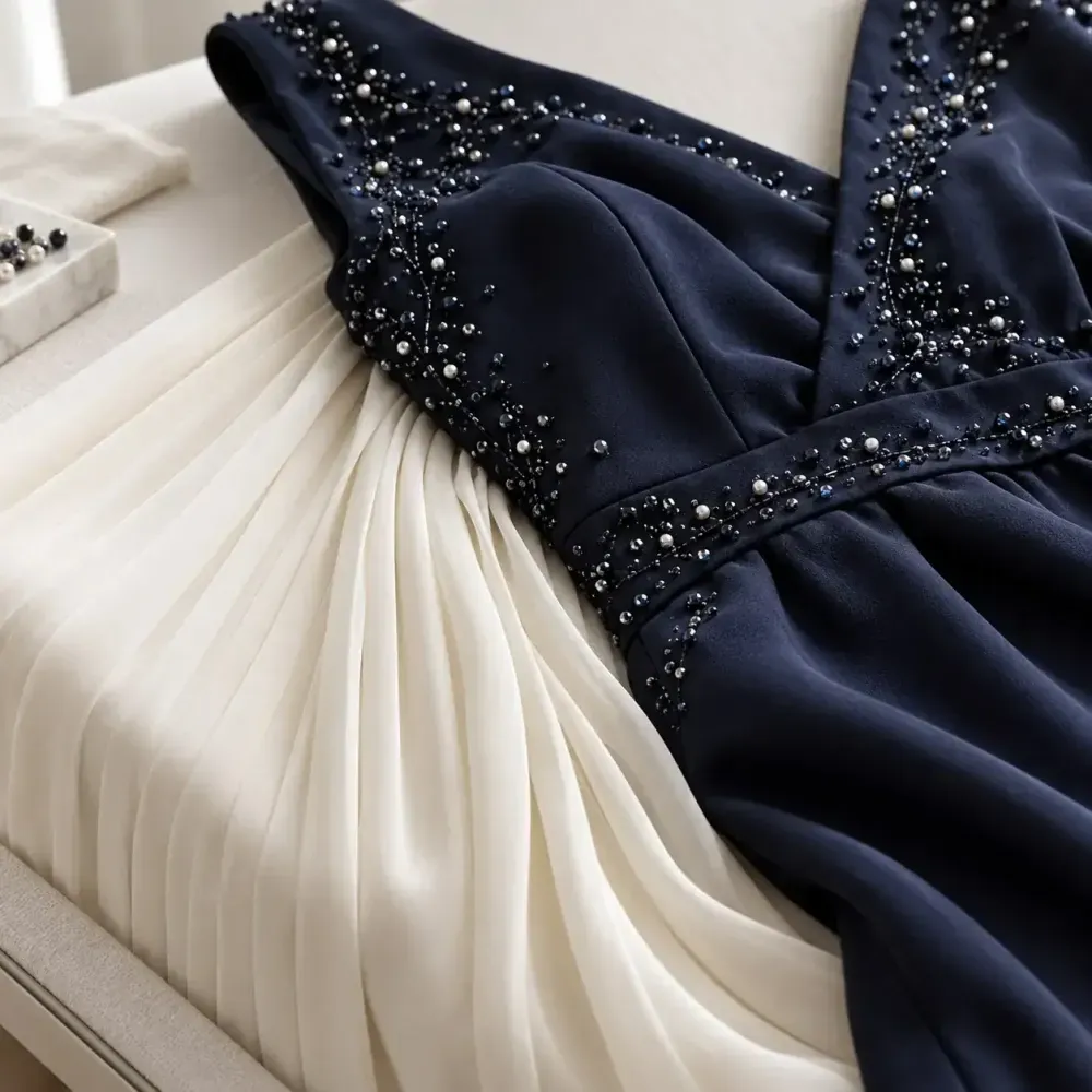 Beaded navy fabric and ivory pleats laid out for garment assessment.